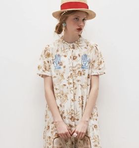 Unlogical Poem Printed Embroidered Ramie A-line Dress NWOT